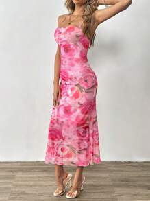 SHEIN Tall Mùa Xuân In hoa Hai Dây Dài Mùa hè Váy bodycon - Màu Hồng Tươi - Xem 3