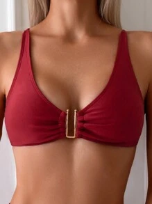SHEIN Swim Women's Solid Color Beach Holiday Ruched Bikini Set Summer - Red - View 4