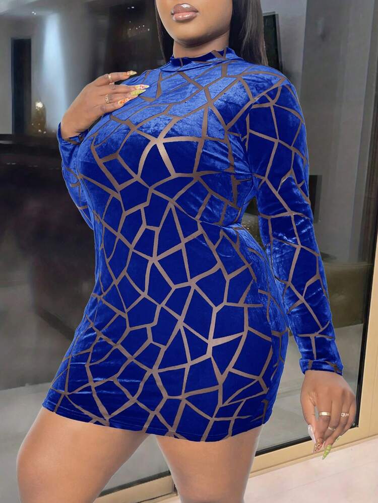 Plus Size Women's Geometric Printed Zippered Front Bodycon Dress With Long Sleeves, Spring/Summer