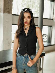 GENKIRA 女性無袖暴露腰間通勤西裝外套 - 黑色 - 查看 4