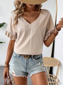 SHEIN LUNE Mùa hè giản dị Đơn giản & Thoải mái Của phụ nữ Làm việc Áo sơ mi Với Ngắn tay , Màu Quả mơ - Màu be - Xem 4