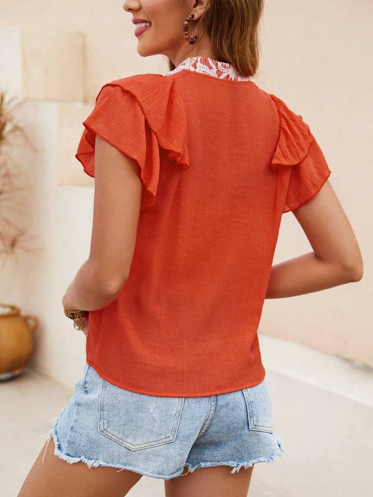 Women's Tie Neck & Ruffle Sleeve & Patchwork Fashion Vacation Travel Shirt