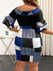 SHEIN Clasi Plus Size Geometric Printed Off Shoulder Flared Sleeved Dress - Multicolor - View 2