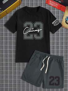 Manfinity LEGND Men's Letter Printed Round Neck Short Sleeve T-Shirt And Shorts Set - Multicolor - View 2