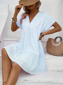 EMERY ROSE Women V-Neck Plaid Vacation Style Short Sleeve Dress