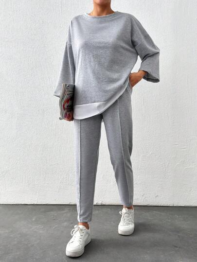 Cottnline 90% Cotton Drop Shoulder 2 In 1 Tee & Seam Detail Pants