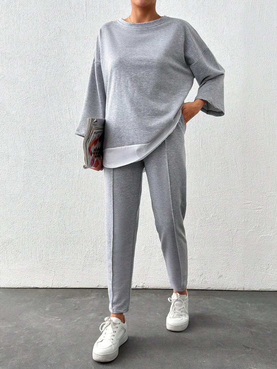 Cottnline Camiseta de hombros caídos 2 en 1 de 90% algodón y pantalones con detalle de costura - Gris - Ver 1