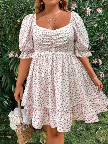 Flirla Plus-Size Bubble-Sleeve Dress With Floral Print And Ruffled Hem For Vacation - White - View 4