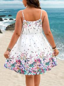 SHEIN LUNE Plus Size Boho Floral Print Waist-Cinching Cami Dress, For Summer - White - View 2