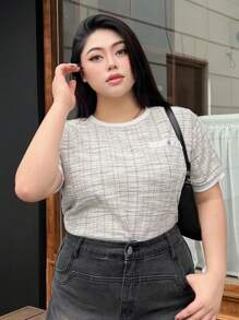Dazy Petite Plus Plus Size Button Details Plaid Short Sleeve T-Shirt For Summer Casual Style