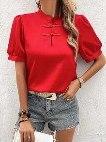 SHEIN LUNE Camisa De Manga Corta Con Cuello Alto, De Color Sólido Y Botones Frontales Para Verano - Rojo - Ver 5