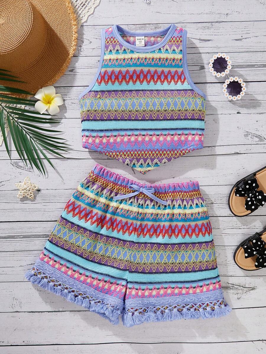 SHEIN 青少年女孩无袖圆领不对称下摆背心和短裤度假套装 - 藍色 - 查看 1