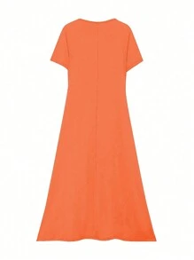 Calvaya Vestido Casual De Manga Corta De Talla Grande De Color Sólido Minimalista Con Diseño De Bolsillo Para Primavera Y Verano - Naranja - Ver 2