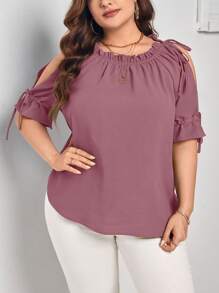 SHEIN Privé Camisa de talla grande de verano, color sólido, de hombros descubiertos y cintura ajustada con cordón - Rosa vieja - Ver 5
