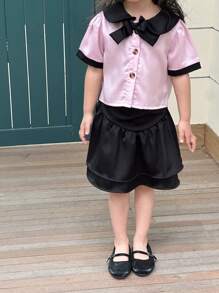 Conjunto de blusa de manga curta com laço e saia preta para meninas, colorblock, para o verão