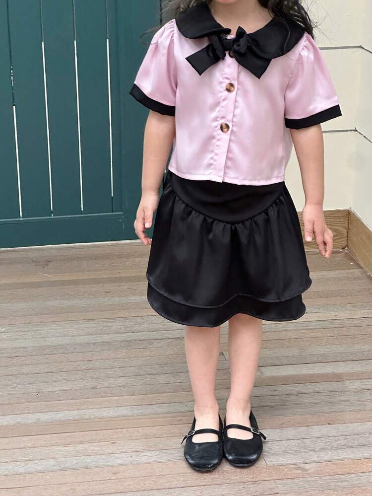 Young Girl Colorblock Bowknot Short Sleeve Shirt And Black Skirt Set For Summer