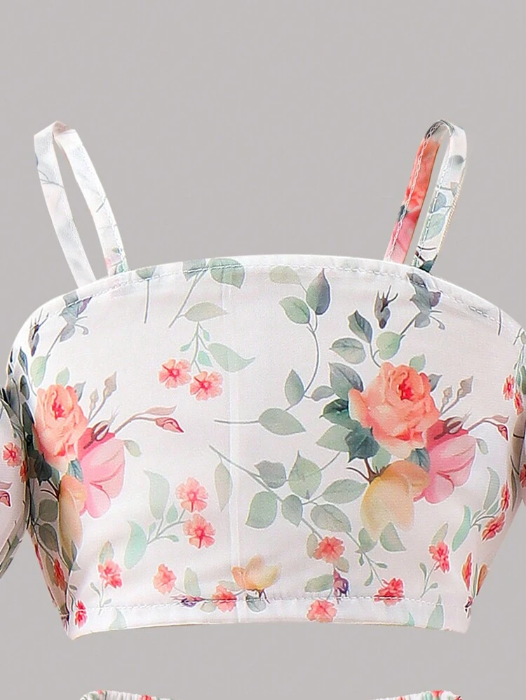 Young Girl Fashionable And Elegant Floral Print Sweet Vacation Off-The-Shoulder Top With Ruffled Hem Skirt Two-Piece Set