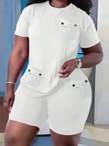INAWLY Bộ đồ hai mảnh cổ tròn tay ngắn màu trơn thường ngày mùa hè cho nữ cỡ lớn có túi áo phông và quần short - trắng - Xem 1
