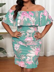 Plus Size Plant Print Off Shoulder Bodycon Summer Vacation Dress - Multicolor - View 4