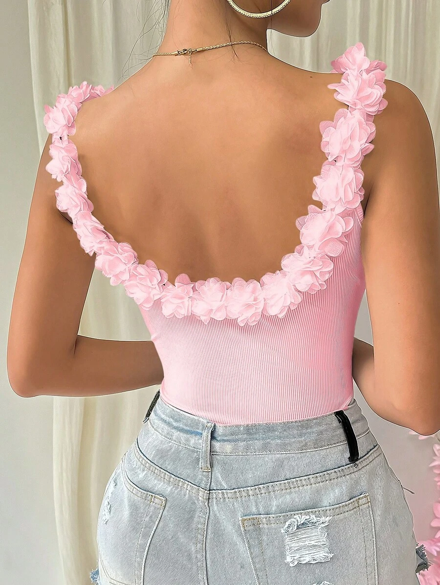 Rafferiza Flower Applique Backless Slim Fit Ribbed Tank Top For Summer - Baby Pink - View 1