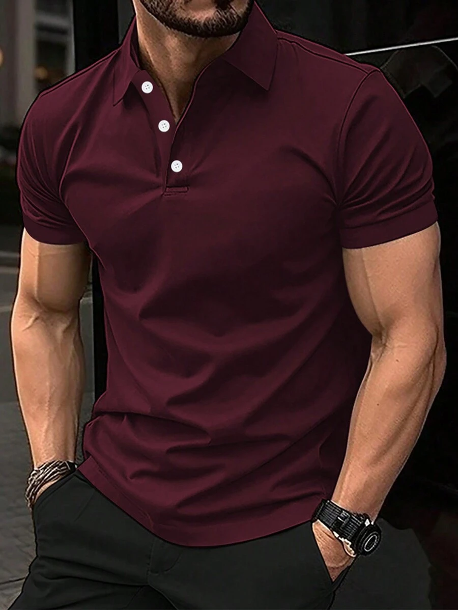 Manfinity Homme 男士純色簡約鈕扣polo衫 - 酒紅色 - 查看 1