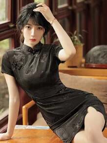 SHEIN Unity Women's Elegant Stand Collar Brocade Short Sleeve Chinese-Style Dress With Button Decor For Summer - Black - View 3