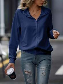 INAWLY Women Fashionable Casual Lapel Collar Long Sleeve Sweatshirt Pullover Fall Sweatshirt - Navy Blue - View 1