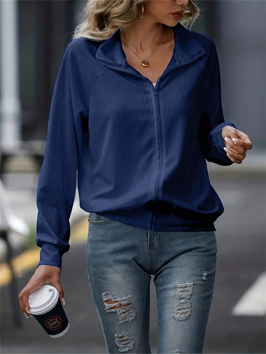 INAWLY Women Fashionable Casual Lapel Collar Long Sleeve Sweatshirt Pullover Fall Sweatshirt - Navy Blue - View 1