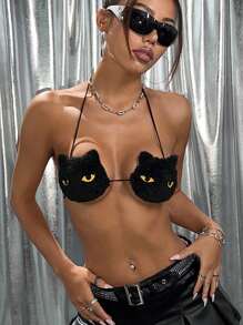 SHEIN ICON 女士黑貓設計鉤花頸後綁毛絨背心胸衣 - 黑色 - 查看 5