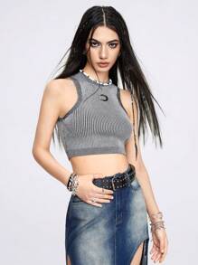 ROMWE Grunge Punk Blusa Sin Mangas De Punto Para Mujer De Primavera/verano Con Detalles De Letra Y Pedrería - Gris - Ver 3