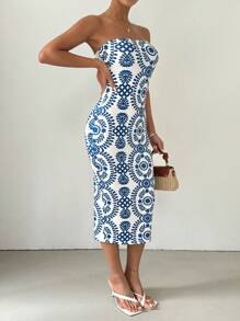 Selianne Summer Casual Strapless Bodycon Print Dress - Blue - View 5