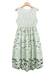 SHEIN Clasi Plus Size Women's Floral Printed Sleeveless Dress - Green - View 6