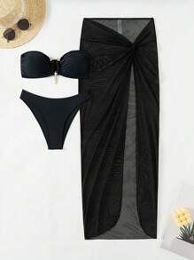 SHEIN Swim Conjunto De Tres Piezas De Traje De Baño De Color Sólido - Negro - Ver 1