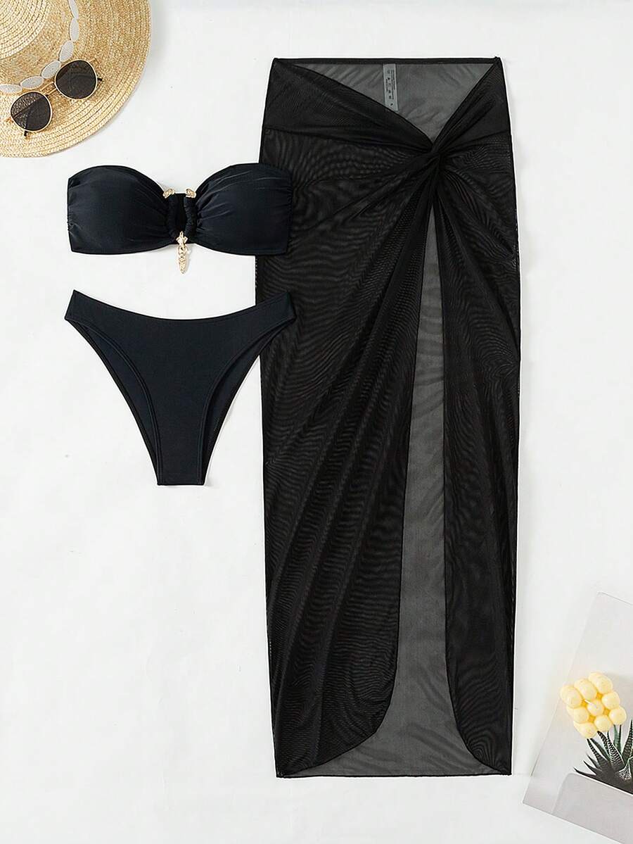 SHEIN Swim Conjunto De Tres Piezas De Traje De Baño De Color Sólido - Negro - Ver 1