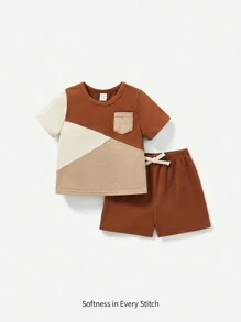 Cozy Pixies Baby Boys' Casual Color Block Round Neck Pullover And Shorts Set - Brown - View 1