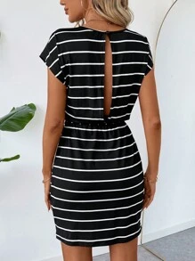 SHEIN LUNE Cổ điển Đen Sọc Không lưng Đầm - Đen và trắng - Xem 1