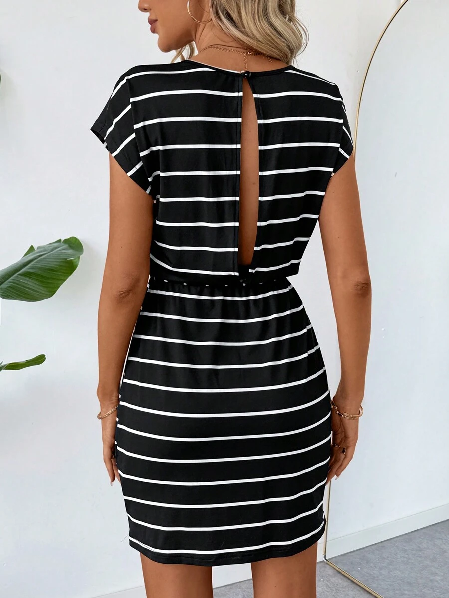 SHEIN LUNE Cổ điển Đen Sọc Không lưng Đầm - Đen và trắng - Xem 1