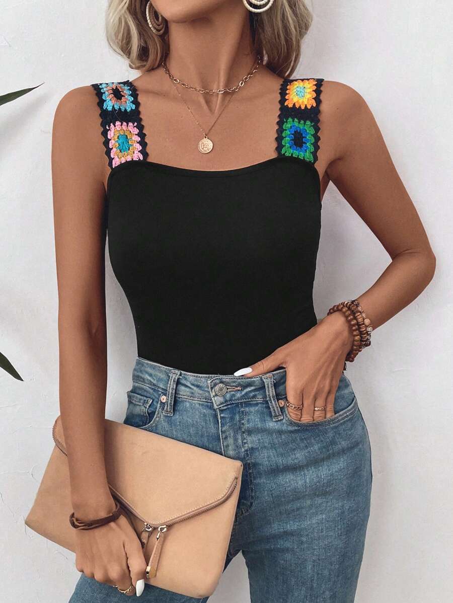 SHEIN LUNE Top de tanque sin mangas para mujer de unicolor con correa de hombro bordada - Negro - Ver 1