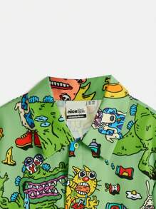 Nick 90s | SHEIN Conjunto de 2 piezas de camisa abotonada informal y pantalones cortos con diseño de dinosaurio monstruo divertido en verde para niño preadolescente - Verde - Ver 11