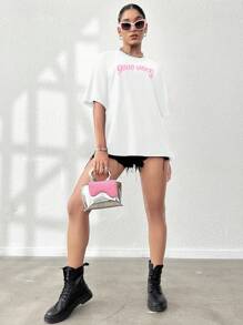 SHEIN Unity 简约字母印花圆领短袖 T 恤图案 T 恤女式上衣 - 白色 - 查看 4