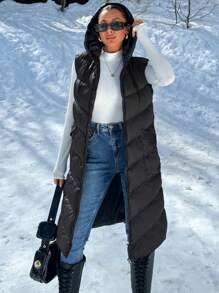 SHEIN Cottnline Solid  Zipper Double Pocket Hooded Quilted Vest - Black - View 3