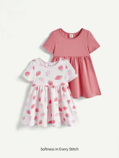 Cozy Pixies Baby Girl Short Sleeve Cartoon Patterned A-Line Dress With Elastic Waistband, 2pcs/Set