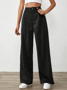 SHEIN Tall 彈性垂直條紋休閒直筒褲,適用於春季/夏季 - 黑色 - 查看 1