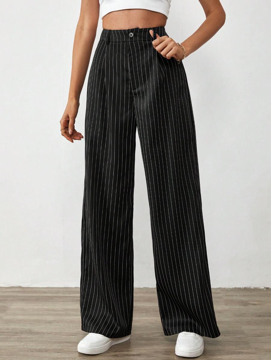SHEIN Tall 彈性垂直條紋休閒直筒褲,適用於春季/夏季 - 黑色 - 查看 1