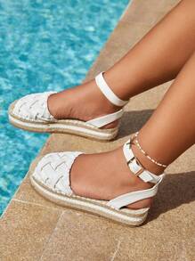 Styleloop Vacation White Slingback Flatform Shoes For Woman, Texture Embossed Stitch Detail Shoes For Spring And Summer - White - View 1