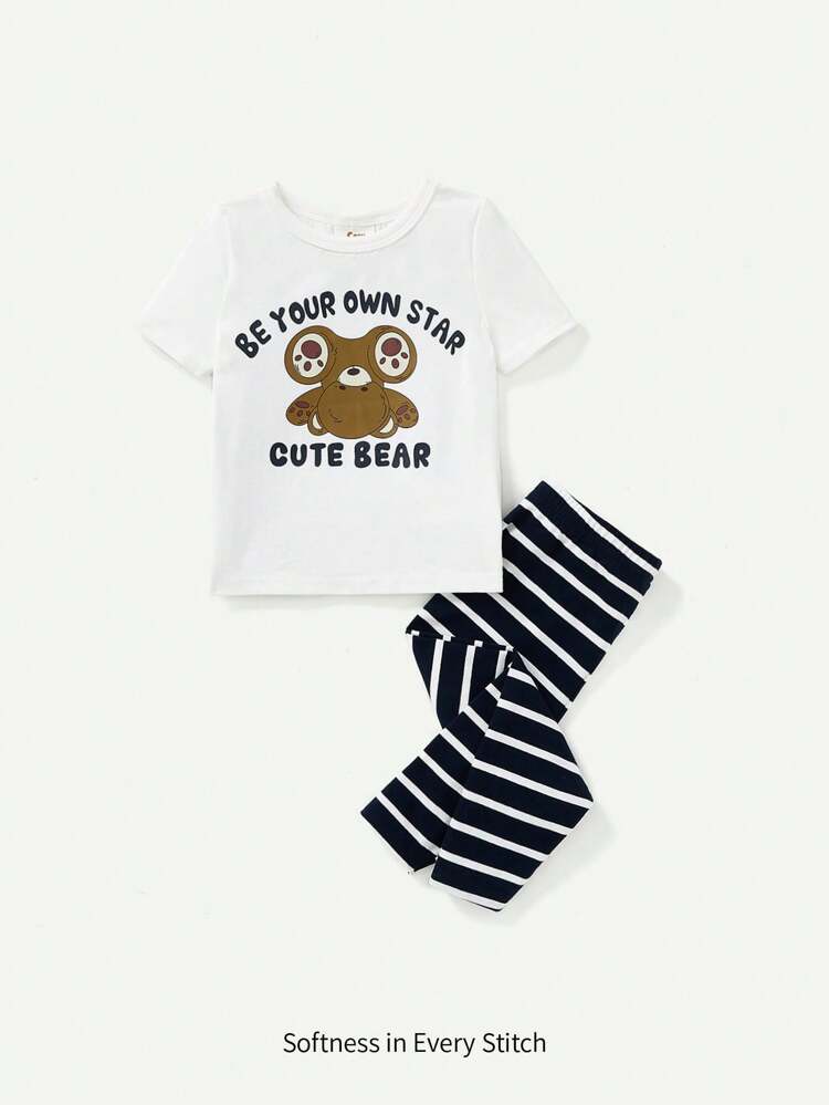 Baby Boy Snug Fit Pajama Set - Cartoon Bear Printed Short Sleeve Top & Long Pants, 2pcs