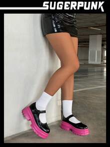 Sugerpunk 龐克黑色瑪麗珍鞋適合女士,搭扣裝飾防水台鞋 - 黑色 - 查看 6
