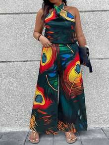 SHEIN LUNE Women's Plus Size Colorful Printed Open Shoulder 2pcs Set - Green - View 3