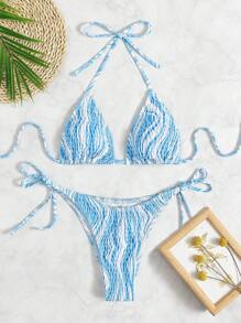 SHEIN Swim 女士假日海浪條紋領結分體比基尼（微三角杯，隨機印花），夏季海灘 - 藍色 - 查看 6