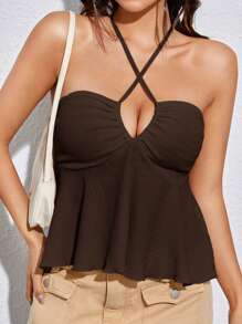 SHEIN ICON Mùa hè Đi ra ngoài A Con lắc Crisscross Ca-vát Backless Áo hai dây - Cà phê nâu - Xem 3